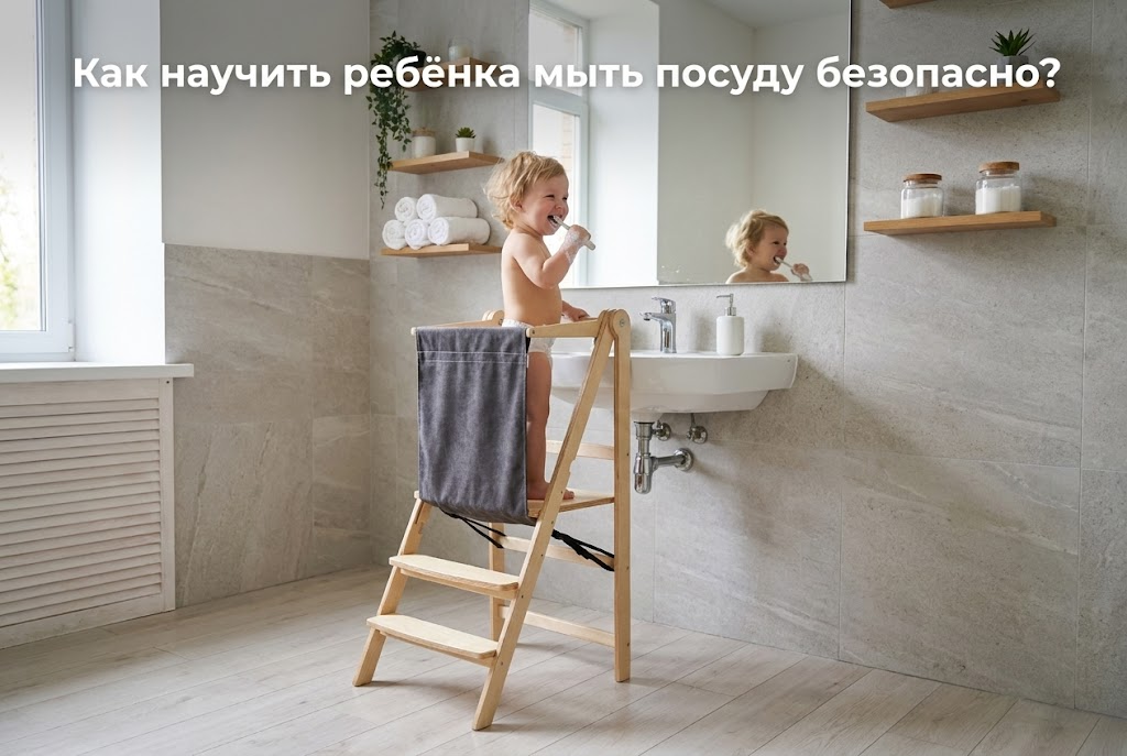 Ребенок моет посуду у раковины в специально оборудованной безопасной зоне