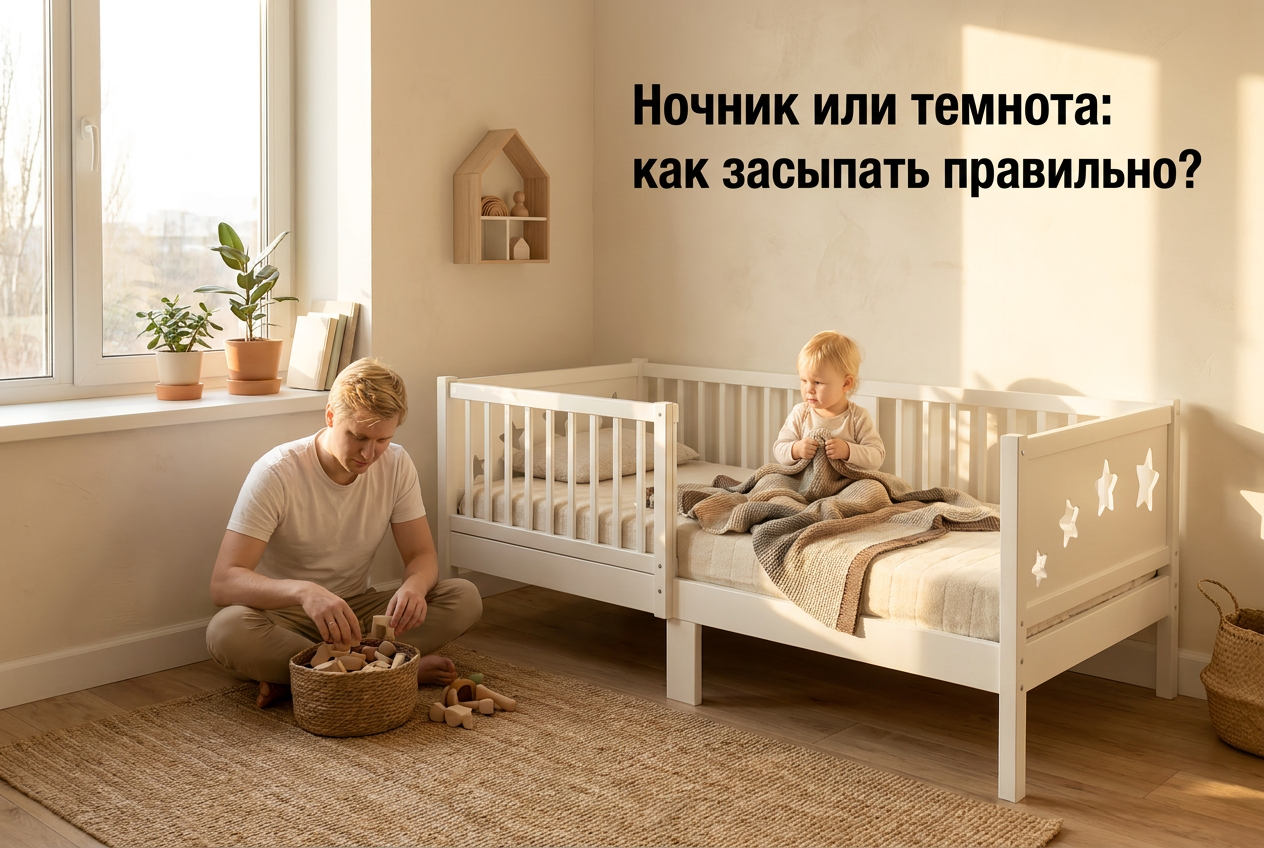 Маленький ребенок в кроватке рядом с включенным ночником в темной комнате
