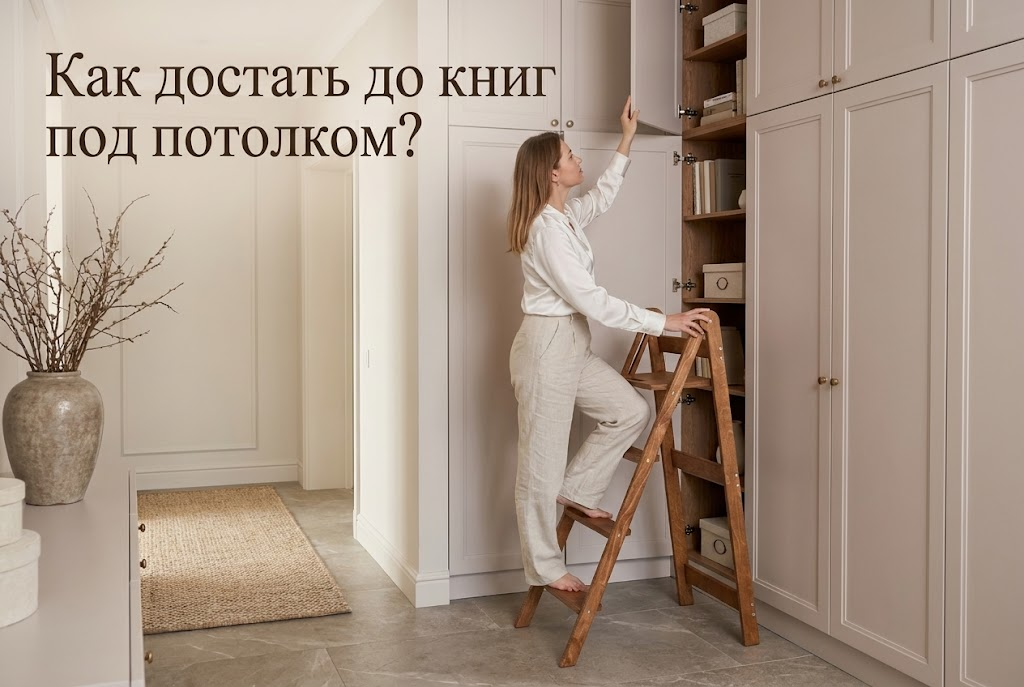Интерьер домашней библиотеки с высокими книжными полками до самого потолка