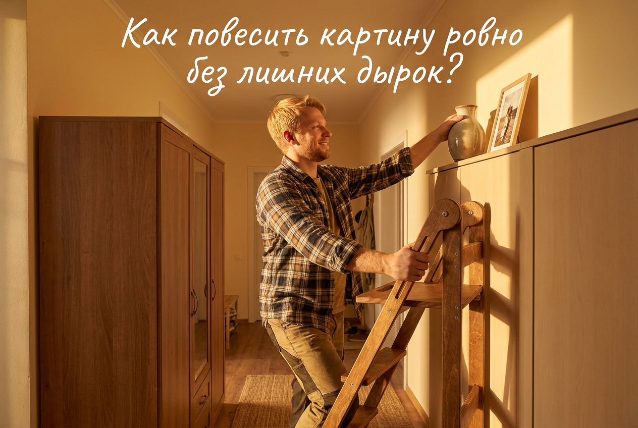 Процесс выравнивания картины на стене строительным уровнем