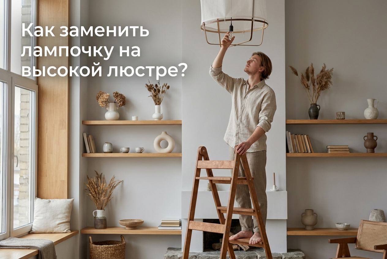 Процесс безопасной замены лампочки в подвесной люстре на большой высоте