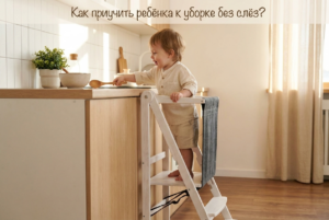 Маленький ребенок помогает родителям с уборкой дома в игровой форме