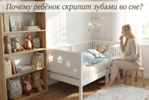 Маленький ребенок спит в кровати, сжимая челюсти