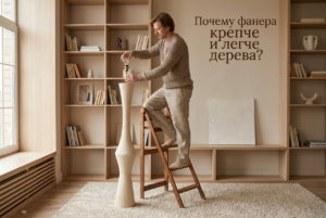 Стремянка из фанеры на фоне мастерской крупным планом